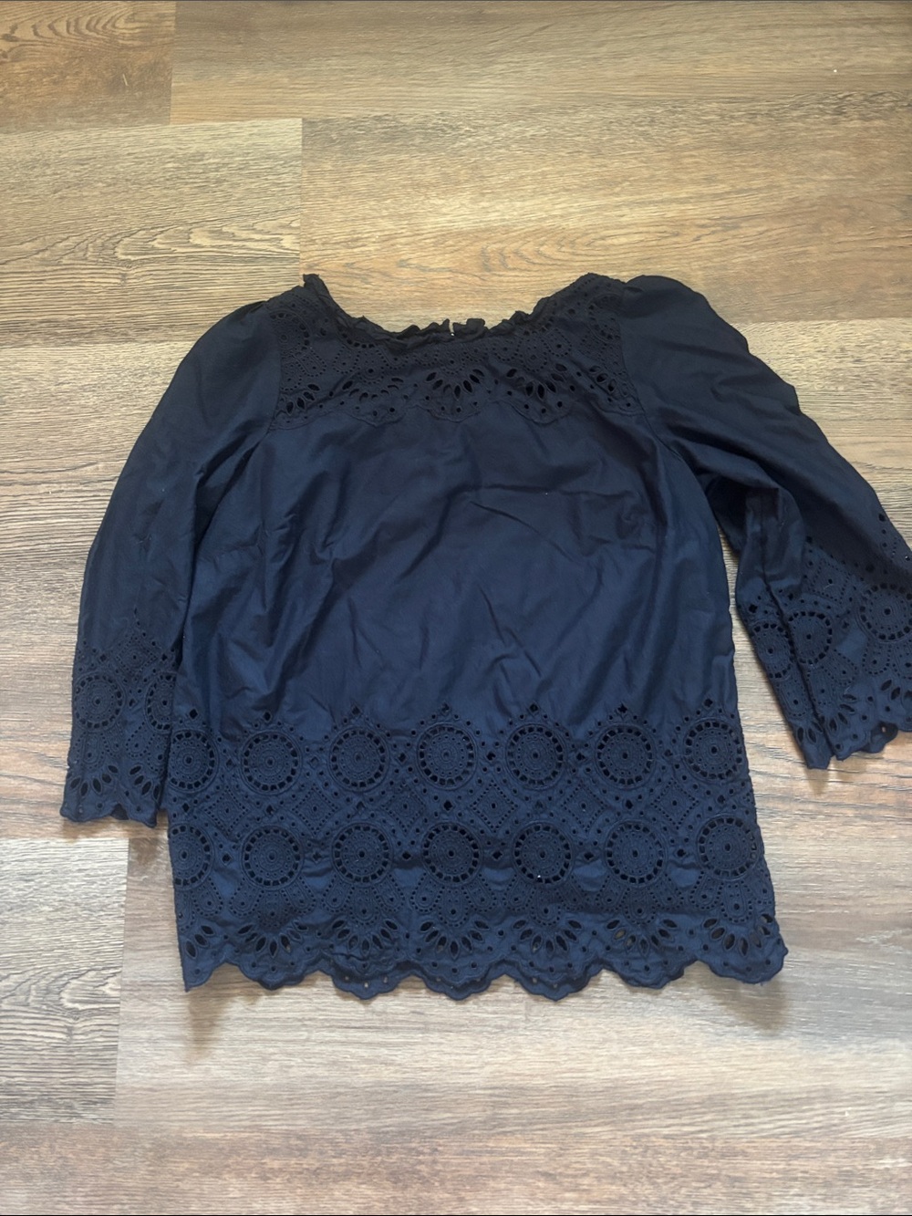 Talbots Navy Blue Eyelet Lace Trim Blouse